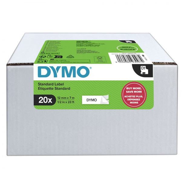 Dymo 45013 D1 12mm x 7m Black on White Tape Pack of 20 45013PACK20