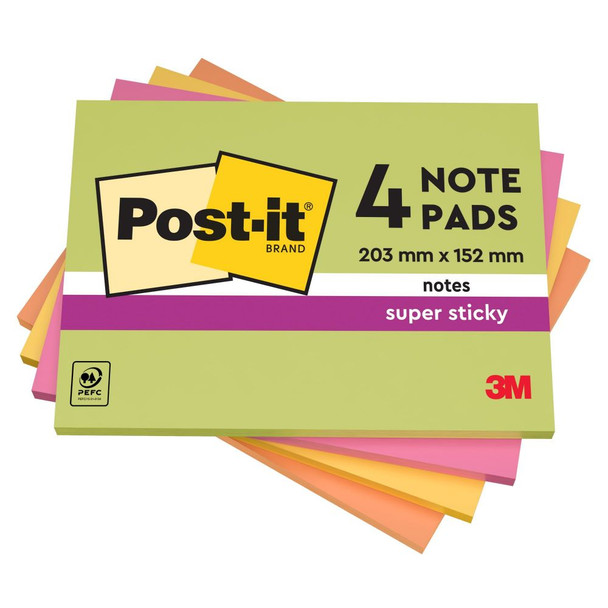 Post-it pack of 4 Super Sticky Meeting Pad 152x101mm 45 Sheets Neon 7100235019