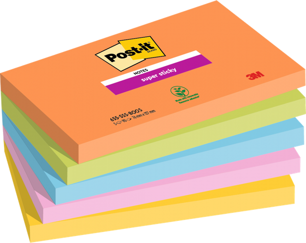 Post it Pack of 5 Super Sticky Notes Boost Colours 76x127mm 90 Sheets 7100258793