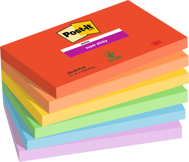Post it Pack of 6 Super Sticky Notes Playful Colours 76x127mm 90 Sheet 7100258796