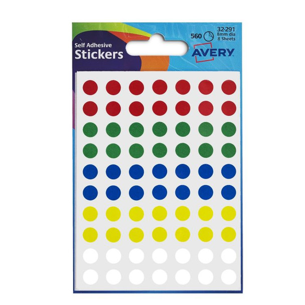 Avery 32-291 8 mm Round Assorted Colour Stickers AVERY32291