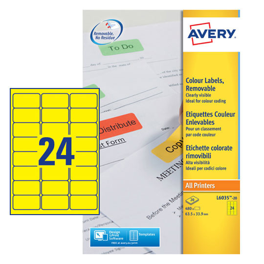 Avery L6035-20 Yellow Removable Labels 20 sheets - 24 Labels per sheet AVERYL6035