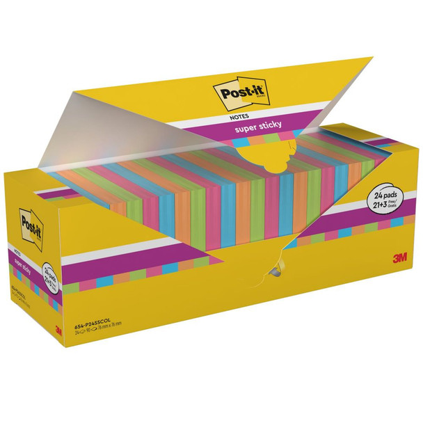 Post-it Pack of 24 Notes Super Sticky 76x76mm 90 Sheet Assorted Colours 7100234515