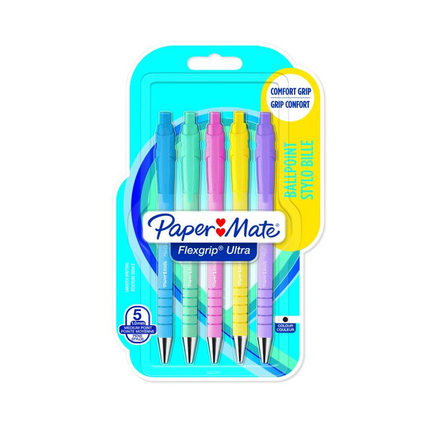 Paper Mate 2152934 Flexgrip Pastel 5 pack Black ink Retractable Ball Pen 2152934