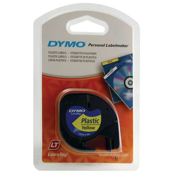 Dymo 91202 LetraTAG Plastic Tape 12mm x 4m Yellow S0721620 ES91202