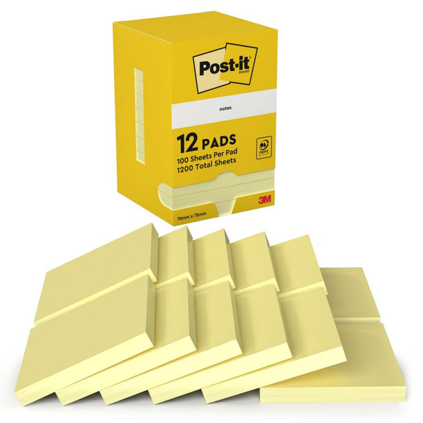 Post-it Pack of 12 Notes 76x76mm 100 Sheets Canary Yellow 7100290160