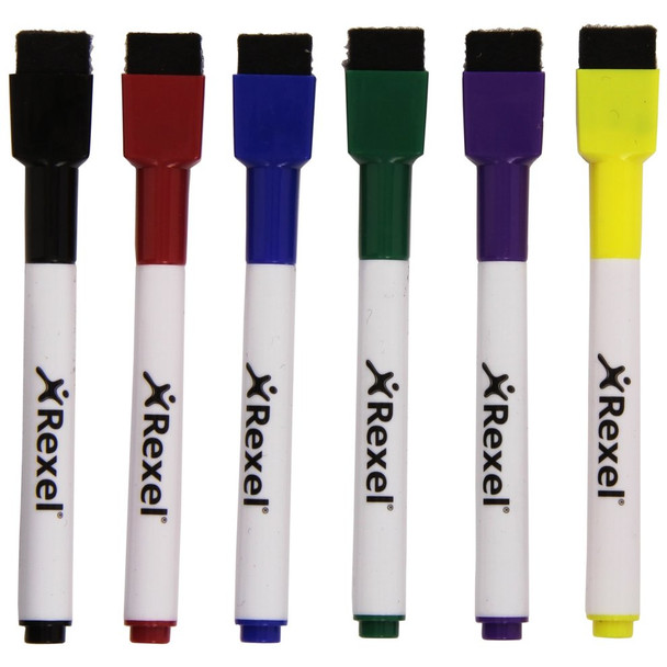 Nobo Mini Whiteboard Pen With Magnetic Eraser Cap 6 Pack Assorted Colours 1903792
