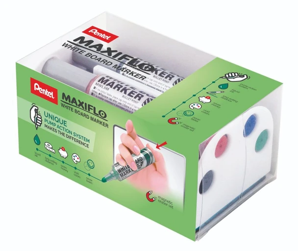 Pentel Maxiflo 4 Pack Assorted Colour Whiteboard Set Bullet Tip 3mm Line MWL5M-MAG-4-M