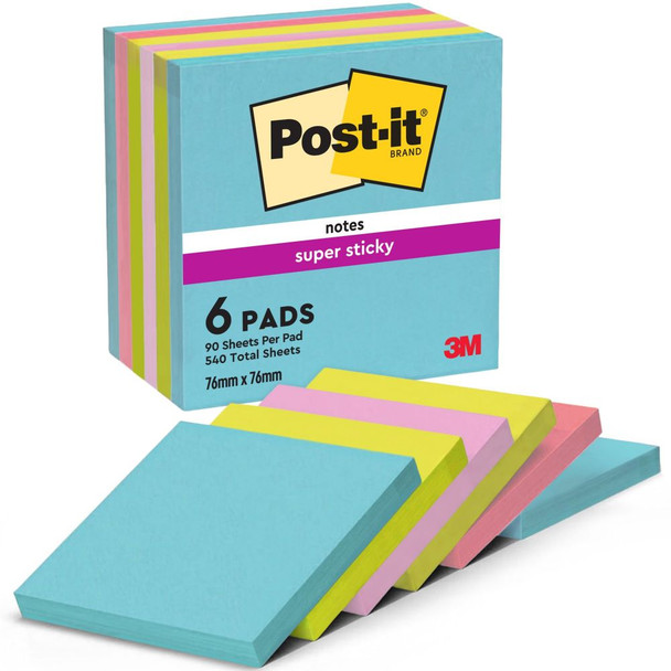 Post-It Pack of 6 Super Sticky Notes 76x76mm 90 Sheets Cosmic Colours 7100263206
