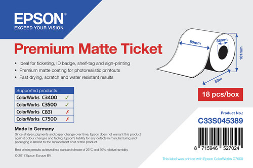 Epson Premium Matte Ticket Roll: 80Mm X 50M. Finish Type: Matte Print Media Weig C33S045389