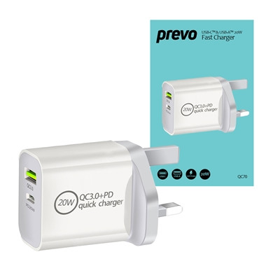 Prevo QC70 20W Usb Type-C & Usb Type-A Fast Charge Mains Charger With Qc 3.0 And QC70