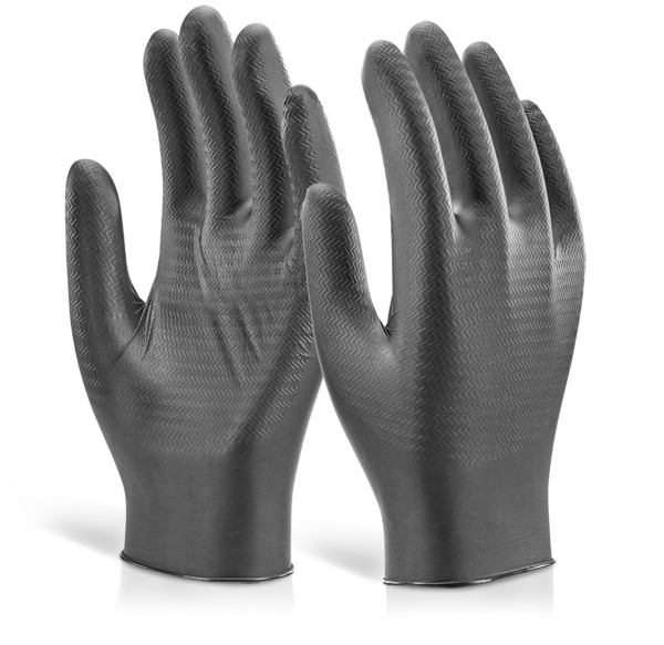 Beeswift Glovezilla Nitrile Disposable Gripper Gloves Powder Free Black Size L GZNDG10BLL