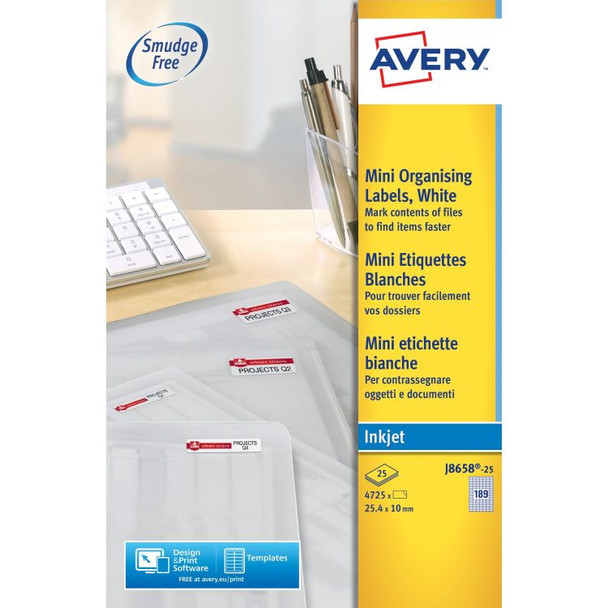 Avery J8658-25 25.4 x 10mm Mini Multipurpose Labels 25 Sheets - 189 Labels per S AVERYJ8658-25