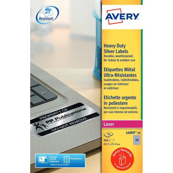 Avery L6009-20 Resistant Labels 20 sheets - 48 Labels per Sheet AVERYL6009