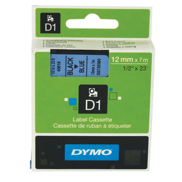 Dymo 45016 D1 LabelMaker Tape 12mm x 7m Black on Blue S0720560 ES45016