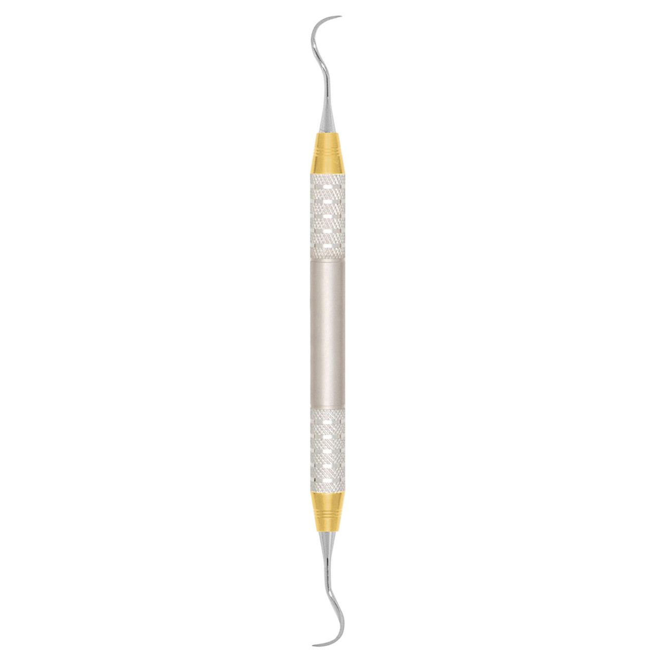 A.Titan - Posterior McCall Curette. Slightly angled curved broad blade. Excellent for distals of 2nd and 3rd molars. D Lite Handle