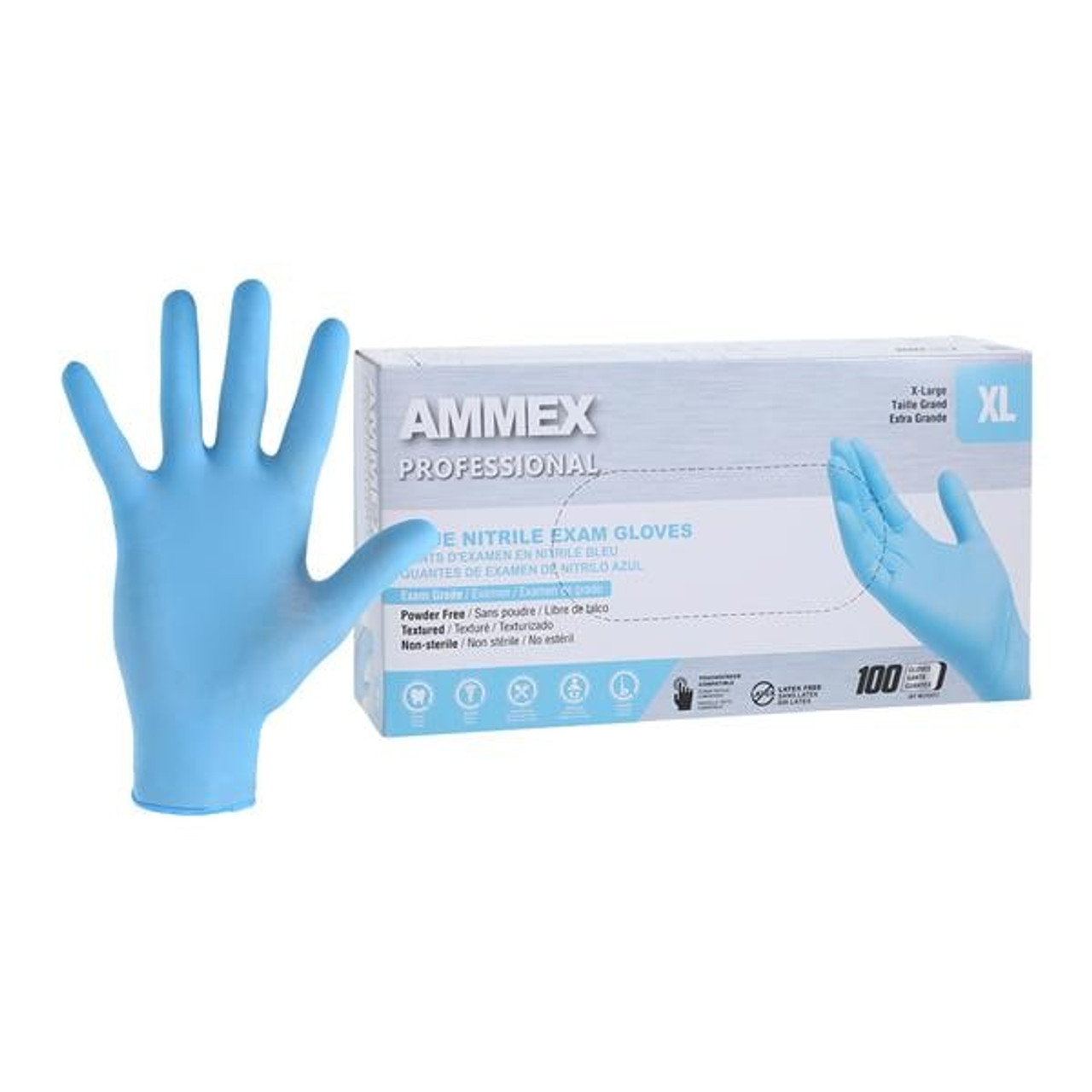 Ammex Nitrile Gloves (XL) X-Large Disposable Exam Grade Blue Powder Free Smooth Polymer Coated 100/bx 10bx/cs- XLGGLOVE(US Sales Only)