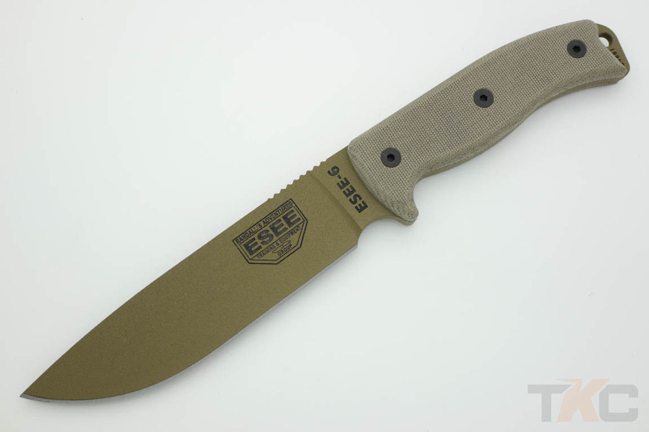 ESEE-6P-DE, Dark Earth Plain Edge Fixed Blade, Bushcraft / Hunting / Survival  Knife w/ Green Canvas