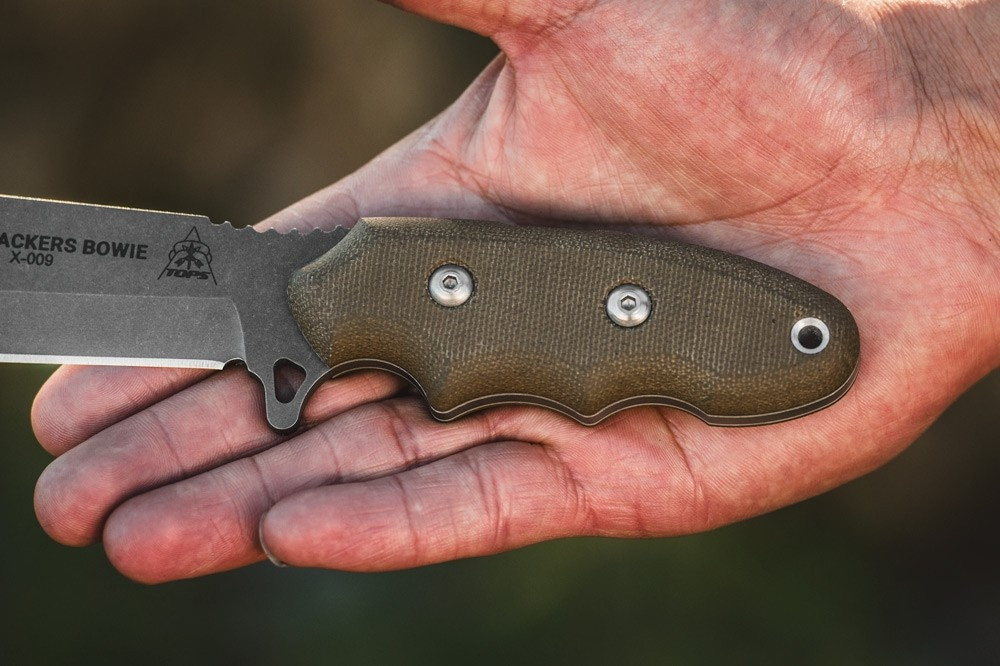 Tops Knives 3 BROS TP Full Tang Fixed Blade - Tumble Finish Blade Finish - Black Kydex W/Neck Chain (Black Canvas Micarta Handle