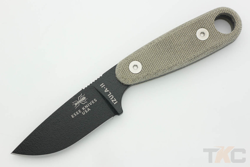 ESEE IZULAIIB Fixed Blade Neck Knife with Black Blade & Green Canvas Micarta Handle Scales
