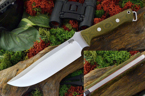 Bark River Knives: Bravo Survivor Fixed Blade Knife w/ Green Canvas Micarta Handle & Red Liners