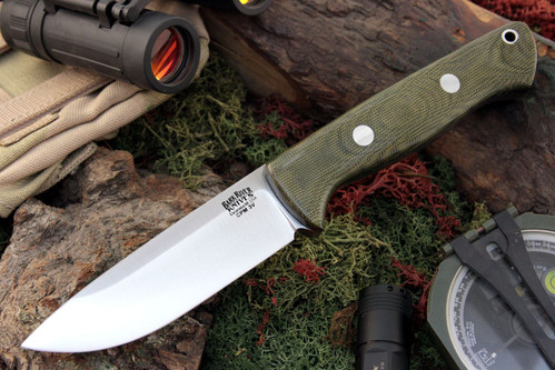Bark River Knives: Bravo-1 LT Hunter, CPM 3V Steel (Drop Point/Rampless/Smooth Spine), Fixed Blade Knife w/ Green Canvas Micarta Handle