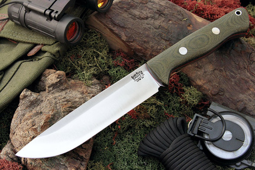 Bark River Knives: Bravo-1.5 CPM 3V Steel, Rampless (Smooth Spine), Fixed Blade Knife w/ Green Canvas MIcarta Handle & Red Liners