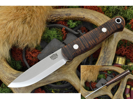 Bark River Knives: Bushcrafter (Jimped Spine) Fixed Blade Knife w/ Dark Curly Maple Handle & Red Liners