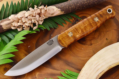 Bark River Knives: Bushcrafter II (2) Fixed Blade Knife w/ Dark Curly Maple Handle - Red Liners - Mosaic Pins - 1