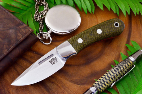 Bark River Knives: Essential EDC (With Bolster) Fixed Blade Knife w/ Green Canvas Micarta Handle & Red Liners