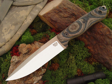 Bark River Knives: S-T-S - 5 Fixed Blade Knife w/ Camo Canvas Micarta Handle (Matte Finish) & Tan Blade