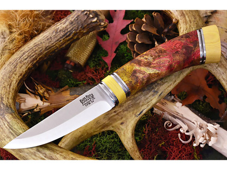 Bark River Knives: Scandi Fixed Blade Knife w/ Orange & Gold Maple Burl Handle With Ivory Micarta Spacer & Pommel - 2