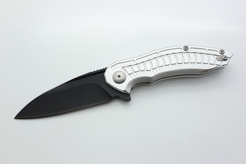 Brous Blades: Bionic 2.0 Blackout Folding Knife w/ Silver Anodized Aluminum Handle & Black Finish Blade