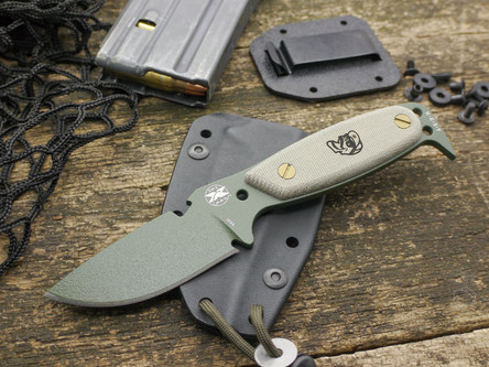 DPx Gear: HEST Original (Made By Rowen Mfg.) OD Green Fixed Blade Knife with Skeletized Handle & Green Canvas Micarta Scales