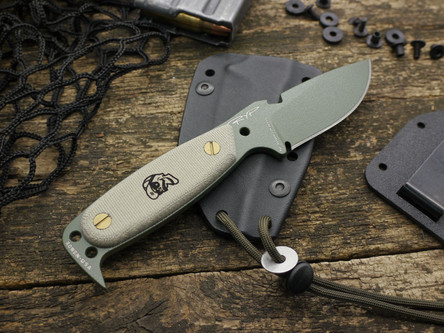 DPx Gear: HEST Original (Made By Rowen Mfg.) OD Green Fixed Blade Knife with Skeletized Handle & Green Canvas Micarta Scales DPx Gear: HEST Original (Made By Rowen Mfg.) OD Green Fixed Blade Knife with Skeletized Handle & Green Canvas Micarta Scales