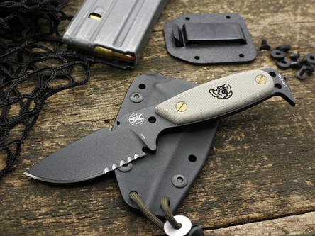 DPx Gear: HEST Original (Made By Rowen Mfg.) Partially Serrated Black Fixed Blade Knife with Skeletized Handle & Green Canvas Micarta Scales