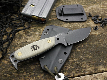 DPx Gear: HEST Original (Made By Rowen Mfg.) Partially Serrated Black Fixed Blade Knife with Skeletized Handle & Green Canvas Micarta Scales DPx Gear: HEST Original (Made By Rowen Mfg.) Partially Serrated Black Fixed Blade Knife with Skeletized Handle & Green Canvas Micarta Scales