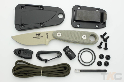 ESEE IZULA-II-DT-KIT Fixed Blade Neck Knife with Desert Tan Blade, Green Canvas Micarta Handles & Survival Kit ESEE IZULA-II-DT-KIT Fixed Blade Neck Knife with Desert Tan Blade, Green Canvas Micarta Handles & Survival Kit