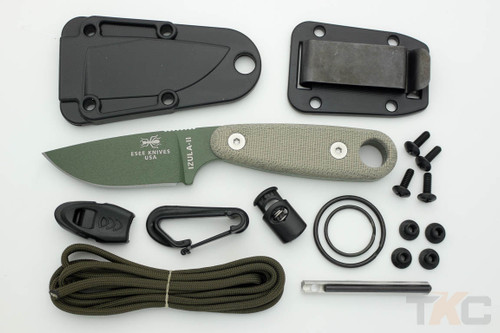 ESEE IZULA-II-OD-KIT Fixed Blade Neck Knife with OD Green Skeletized Handle, Green Canvas Micarta Handles & Survival Kit ESEE IZULA-II-OD-KIT Fixed Blade Neck Knife with OD Green Skeletized Handle, Green Canvas Micarta Handles & Survival Kit