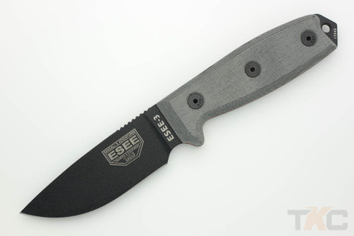 ESEE-3P Knife Only (No Sheath) Black Plain Edge Blade & Grey Linen Micarta Handle