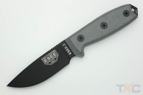 ESEE-3P-MB-B (MOLLE Back) Black Plain Edge Blade w/ Grey Linen Micarta Handle, Black Sheath