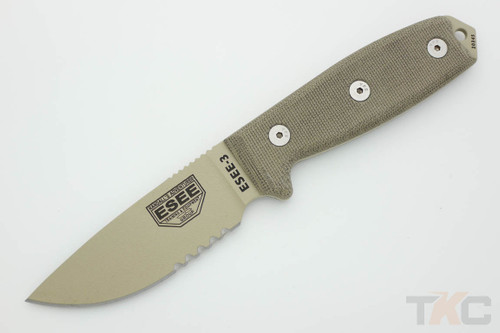 ESEE-3S-MB-DT (MOLLE Back) Desert Tan Partially Serrated Blade w/ Green Canvas Micarta Handle, OD Green Sheath