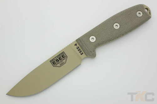 ESEE-4P-KO-DT Knife Only (No Sheath) Desert Tan Plain Edge Blade & Green Canvas Micarta Handle