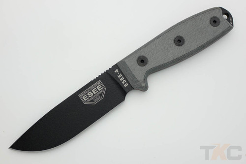ESEE-4P-MB (MOLLE Back) Black Plain Edge Blade w/ Grey Linen Micarta Handle, Coyote Brown Sheath ESEE-4P-MB (MOLLE Back) Black Plain Edge Blade w/ Grey Linen Micarta Handle, Coyote Brown Sheath