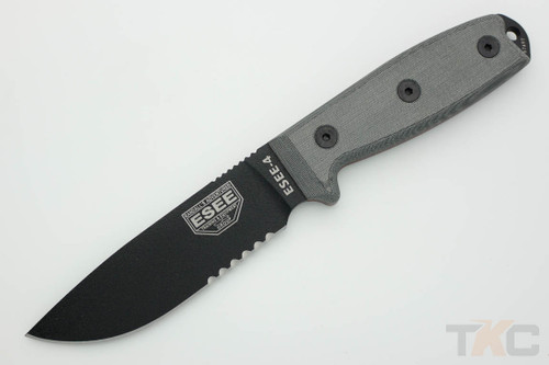 ESEE-4S Knife Only (No Sheath) Black Partially Serrated Blade w/ Grey Linen Micarta Handle