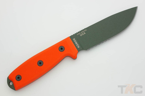 ESEE-4S-MB-OD (MOLLE Back) OD Green Partially Serrated Blade w/ Blaze Orange G10 Handle, Black Kydex Sheath ESEE-4S-MB-OD (MOLLE Back) OD Green Partially Serrated Blade w/ Blaze Orange G10 Handle, Black Kydex Sheath