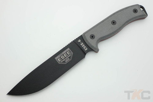 ESEE-6P Black Plain Edge Fixed Blade w/ Grey Linen Micarta Handle, Coyote Brown Sheath ESEE-6P Black Plain Edge Fixed Blade w/ Grey Linen Micarta Handle, Coyote Brown Sheath