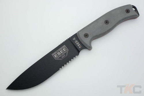 ESEE-6S Black Partially Serrated Fixed Blade w/ Grey Linen Micarta Handle, Coyote Brown Sheath ESEE-6S Black Partially Serrated Fixed Blade w/ Grey Linen Micarta Handle, Coyote Brown Sheath
