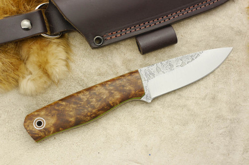 Fiddleback Forge, Andy Roy - Bush Hermit - Satin Burl - Tapered Tang - Natural & Lime Green Liners - 3