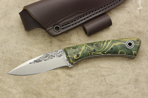 Fiddleback Forge, Andy Roy - Bushboot - Dyed Maple Burl - Flat Tang - Black and White Liners - 19